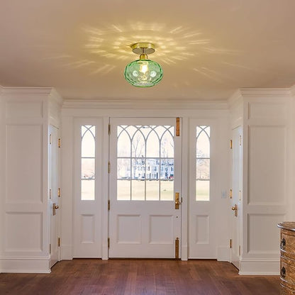 Luafac Green Glass Semi Flush Mount Ceiling Light - 7.9 Inch Hammered Art Deco Glass Small Hallway Light fixtures, Vintage Gold Flush Mount Ceiling Light for entryway Foyer Laundry Room Kitchen