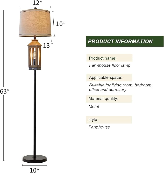 G-SAFAVA 63" Farmhouse Floor Lamps for Living Room Bedside Nightstand Lamp Black Tall Standing Lamp for Home Decor Bedroom Reading Wood Lamp Rustic Bed Lights with 2 Light Sources