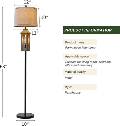 G-SAFAVA 63" Farmhouse Floor Lamps for Living Room Bedside Nightstand Lamp Black Tall Standing Lamp for Home Decor Bedroom Reading Wood Lamp Rustic Bed Lights with 2 Light Sources