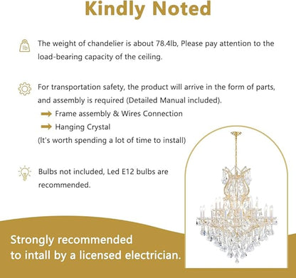 Large Gold Modern Crystal Chandelier Light Fixtures - 24 Lights, Maria Theresa Crystal Pendant Light Foyer Chandelier Fixtures for Staircase Hallway Living Room Entryway