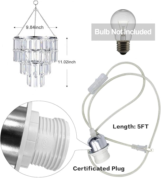 Modern Chandelier Shade with Plug-in Light Cord - Chrome Chandeliers Light Fixture - Pendant Ceiling Lampshade for Girls Bedroom - Size W9.84 X H11