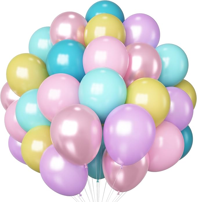 HILAVO Pastel Balloons 60 Pcs Metallic Pink Purple Teal Blue Yellow Multicolor Latex Balloon Macaron Rainbow Pastel Color Party Balloons for Girls Birthday Baby Shower Bridal Wedding Party Decorations