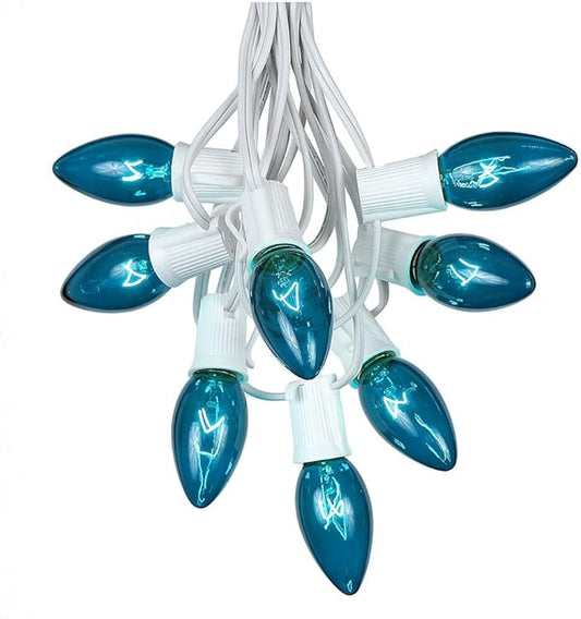 Novelty Lights Teal Hanging Incandescent Christmas String Lights - Retro Traditional C9 Indoor/Outdoor Light Set w/ 25 Mini Bulbs for Roof Lines, Patios (White Wire, 25' Long)