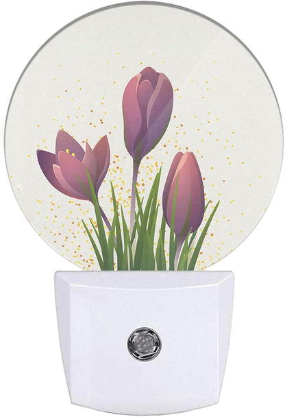 Tulip Night Light Purple Flower Tulips Floral LED Dusk to Dawn Plug-in Nightlight Auto Sensor for Bedroom Bathroom Hallway Living Room