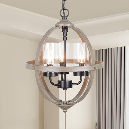 Farmhouse Chandelier, 14" Industrial Rustic Globe Sphere Orb Chandelier Wood Grain, 3-Light for Dining Room Entryway Kitchen Island Foyer