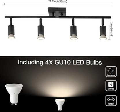 4-Light GU10 Track Lighting, Black Adjustable Ceiling Spot Light Kit, Industrial Flush Mount LED Track Light for Kitchen, Hallway, Living Room