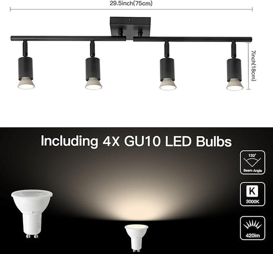 4-Light GU10 Track Lighting, Black Adjustable Ceiling Spot Light Kit, Industrial Flush Mount LED Track Light for Kitchen, Hallway, Living Room