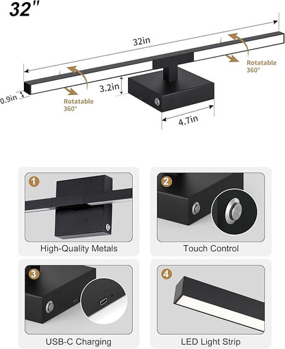 8000mAh Battery Operated Wall Sconce Set of 2, 3000K-6000K Dimmable Rechargeable Cordless Wall Sconces with Remote Control, Modern LED Wall Light with Timer Function for Living Room, 32 Inch Black