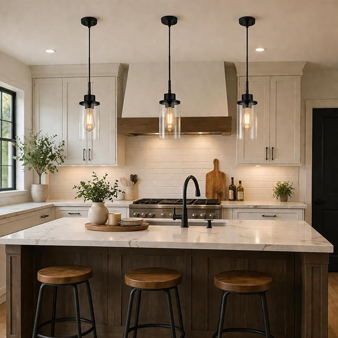 Modern Black Farmhouse Clear Glass Cylinder Pendant Light Fixture, Adjustable Height Hanging Pendant Lighting for Kitchen Island, Dining Room, Bedroom & Hallway (3 Packs)