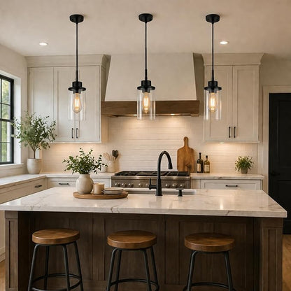 Modern Black Farmhouse Clear Glass Cylinder Pendant Light Fixture, Adjustable Height Hanging Pendant Lighting for Kitchen Island, Dining Room, Bedroom & Hallway (3 Packs)
