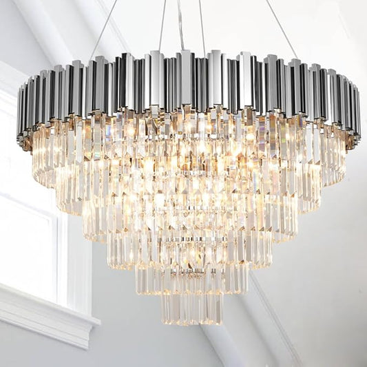 Chrome Crystal Chandelier Modern 17 Light High Ceiling Chandelier for Living Room Foyer Hall Luxury 6 Tier Crystal Light Fixture Entry Staircase Large 35.4"
