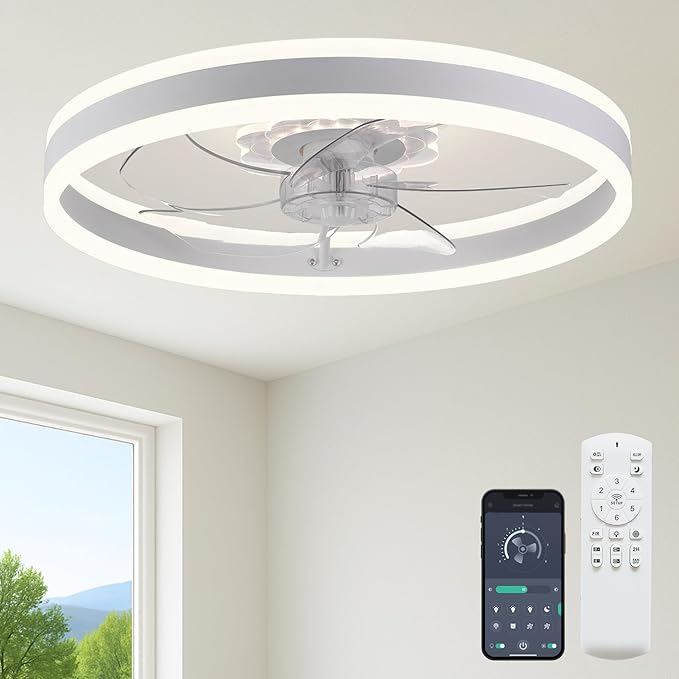 Fszdorj 23.6'' Ceiling Fan with Light, Upgraded Low Profile Fan, Flush Mount Ceiling Fan, 6 Speeds, Dimmable LED, App & Remote Control, Quiet DC Motor, for Bedroom, Living Room, F105 White