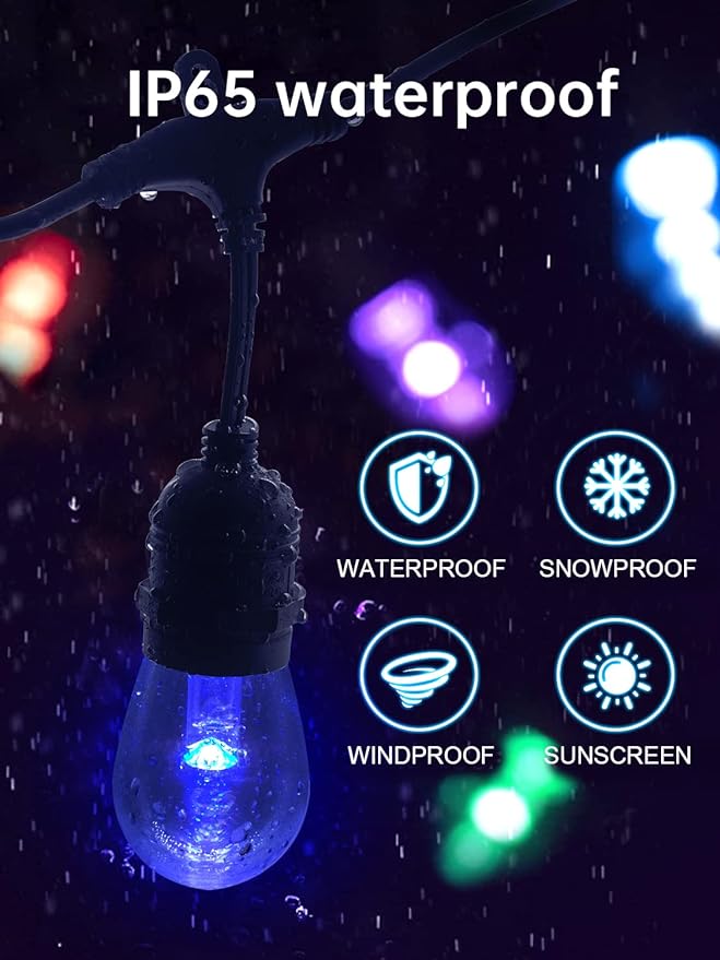 Commercial Grade 96FT LED Outdoor String Lights with Remote Control - 30 Shatterproof Bulbs Waterproof Color Changing Christmas Lights, Dimmable for Patio, Garden, Wedding Decor