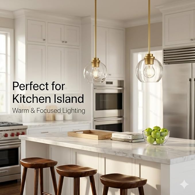 Gold Pendant Light, 7 Inch Clear Glass Farmhouse Hanging Fixture, Adjustable Height & Sloped Ceiling Compatible for Kitchen Island Dining Room Entryway Bedroom Hallway, 2 Pack