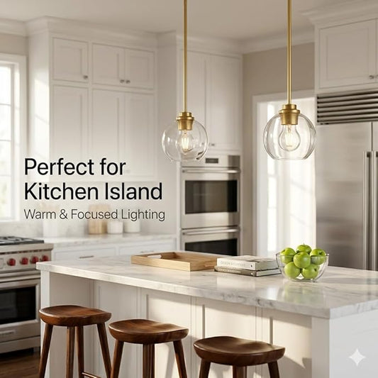 Gold Pendant Light, 7 Inch Clear Glass Farmhouse Hanging Fixture, Adjustable Height & Sloped Ceiling Compatible for Kitchen Island Dining Room Entryway Bedroom Hallway, 2 Pack