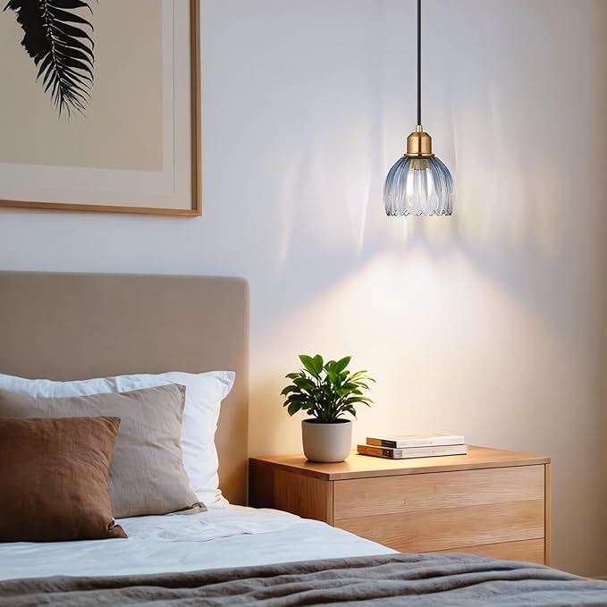 TALOYA Pendant Light 3 Pack with Blue Tulip Glass Lmapshade, Brass Vintage Pendant Light Adjustable Hanging Light for Kitchen Island Bedroom Dining Room Hallway& Bar