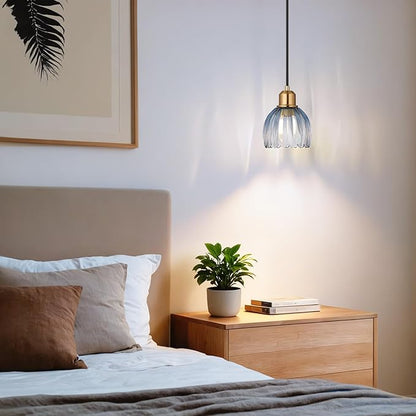 TALOYA Pendant Light 3 Pack with Blue Tulip Glass Lmapshade, Brass Vintage Pendant Light Adjustable Hanging Light for Kitchen Island Bedroom Dining Room Hallway& Bar