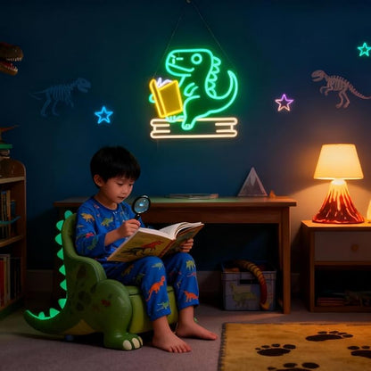 Reading Dinosaur Neon Sign, Book Lover Led Neon Light, Bookish LED Sign, Bookworm Reading Club Light, Kid's Room Decor, Game Room Wall Art, Christmas & Birthday Gifts