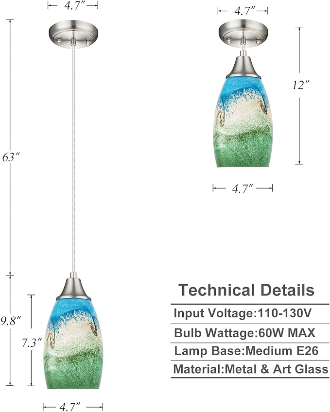 karyfine 3pack Mini Pendant Lights Kitchen Island Hand Blown Art Glass Hanging Ceiling Pendant Light Over Kitchen Sink Glass Pendant Light Shade for Coffee Bar,Dining Room,Stairs Multi Color