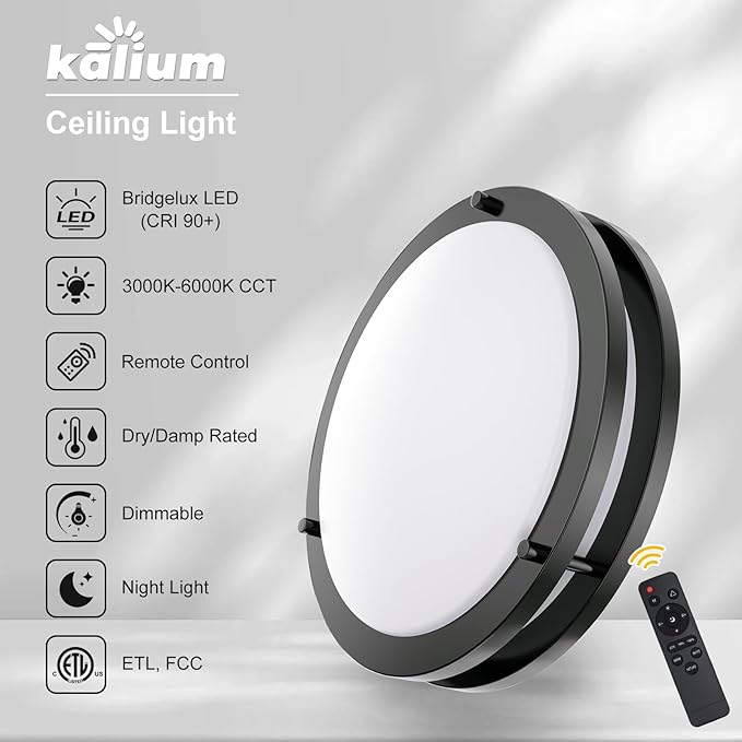Kalium LED Ceiling Light with Remote 16 Inch Flush Mount Ceiling Light Fixture, 32W 3000K-6000K Adjustable Color Temperature, Dimmable Lighting Fixtures for Kitchen Bedroom Hardwired Installation