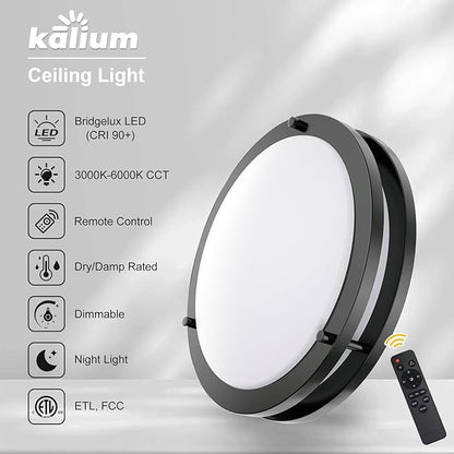 Kalium 14 Inch Flush Mount LED Ceiling Light Remote, Matter Black, 24W, 3000K-6000K CCT, Close to Ceiling, Dimmable Lighting Fixtures for Kitchen, Bedroom, Bathroom. Hardwired, 2PACK.