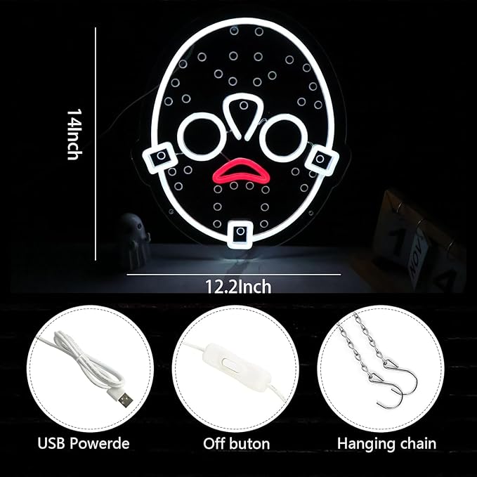 Horror Figure Neon Signs Neon Lights for Wall Decor, Dimmable LED Friday The 13th Neon with USB Power for Kids & Adults Room Decoration, Birthday Party Bar Home Halloween Gift14*12.2inch