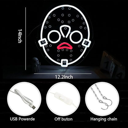 Horror Figure Neon Signs Neon Lights for Wall Decor, Dimmable LED Friday The 13th Neon with USB Power for Kids & Adults Room Decoration, Birthday Party Bar Home Halloween Gift14*12.2inch