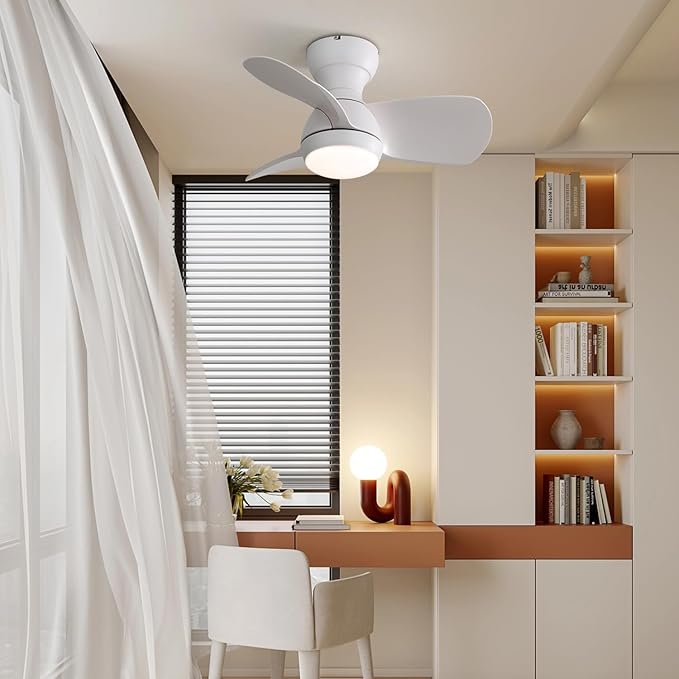 KEIKI 23 Inch Ceiling Fans with Lights & Remote Indoor, Outdoor Modern Ceiling Fan, Small Noiseless Fan w/Dimmable & Timer for Bedroom & Kitchen, 3 ABS Blades & 6 Speed Reversible DC Motor, White