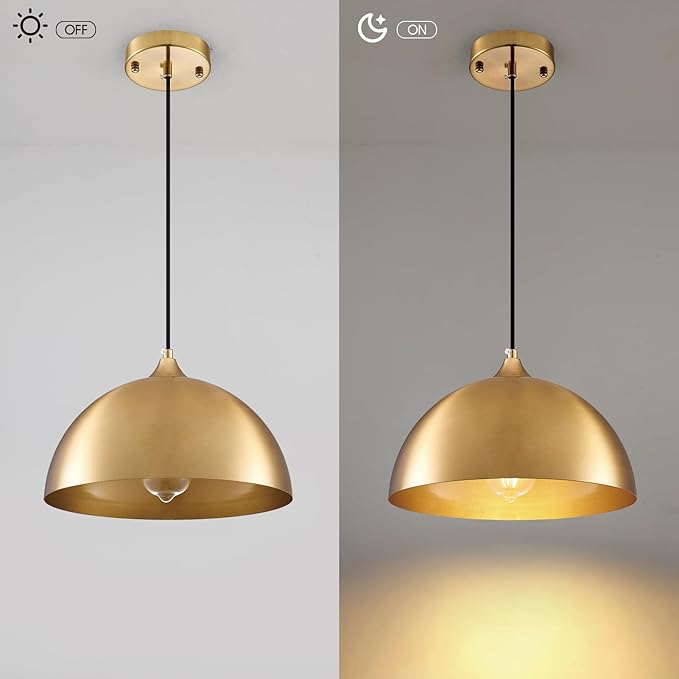Gold Pendant Light 2 Pack, 11.8" Modern Pendant Lights Kitchen Island Adjustable Height, Farmhouse Dome Hanging Light for Dining Room Bar