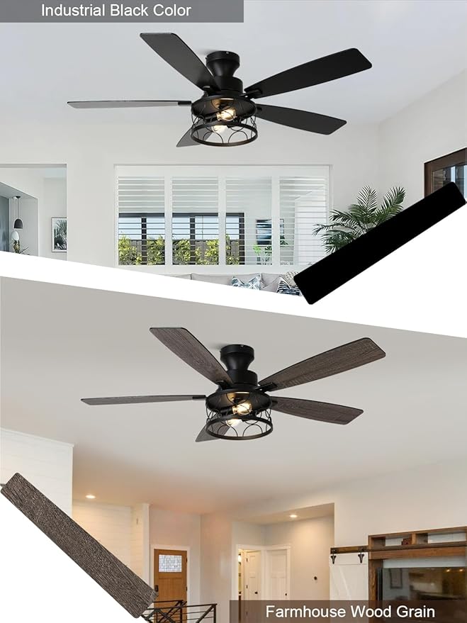 52 Inch Farmhouse Ceiling Fan with Lights Remote Modern Caged Chandelier Fan Rustic Fandelier, 5 Dual Blades, Reversible Quiet DC Motor 6 Speeds for Bedroom Patio (Metal Caged)