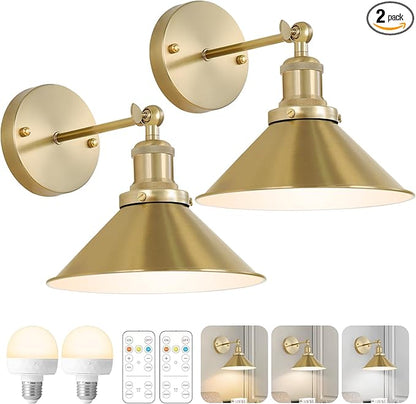 Bailoch Gold Vintage Wireless Battery Operated Wall Sconces, Rechargeable Cordless Battery Powered Led Wall Lights Set of 2, Wall Lamp Fixture Indoor with Remote Control for Bedroom Farmhouse Gallery