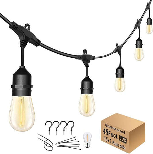 48FT Outdoor String Lights LED Heavy-Duty Waterproof Patio Lights with 16 Shatterproof Plastic 2200K Warm White Bulbs for Patio Gazebo Pergola Cafe Market Bistro