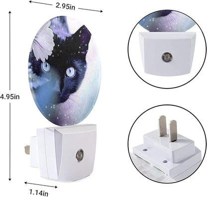 EKOBLA Cat & White Flower Plug-in Night Light, Black Kitten Hiding Behind Floral LED Nightlight with Auto Sensor for Home Decor