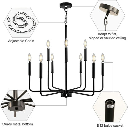Black Chandeliers for Dining Room Light Fixture Over Table, Modern Farmhouse Chandeliers for Living Room,9-Lights Industrial Metal Candle Lighting Fixtures for Entryway Kitchen Island Foyer