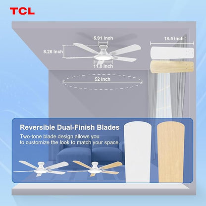 TCL Ceiling Fans with Lights, 52 Inch Low Profile Ceiling Fan with Light and Remote Control, Flush Mount, DC Reversible Motor, Noiseless, 6 Speeds Ceiling Fan for Bedroom (White)