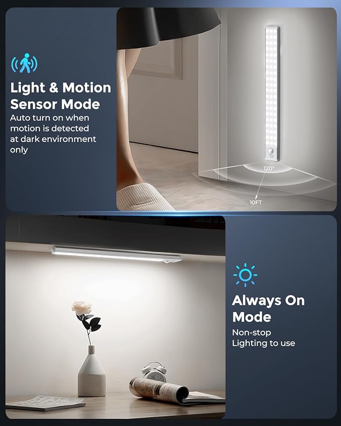 Under Cabinet Lighting - 14.7" Motion Sensor Light Indoor, Magnetic Wireless Closet Lights, Dimmable Led Night Light, Rechargeable Under Counter Lights for Kitchen, Bedroom, Stair, 2 Pack