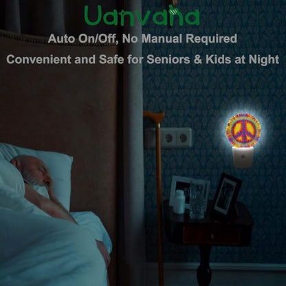 Peace Sign Tie Dye Night Lights Plug into Wall Yellow Colorful Circle Plug-in Nightlight Auto on/Off Dim Light Sleep Friendly for Home Decor & Holiday Gifts for Family Friends