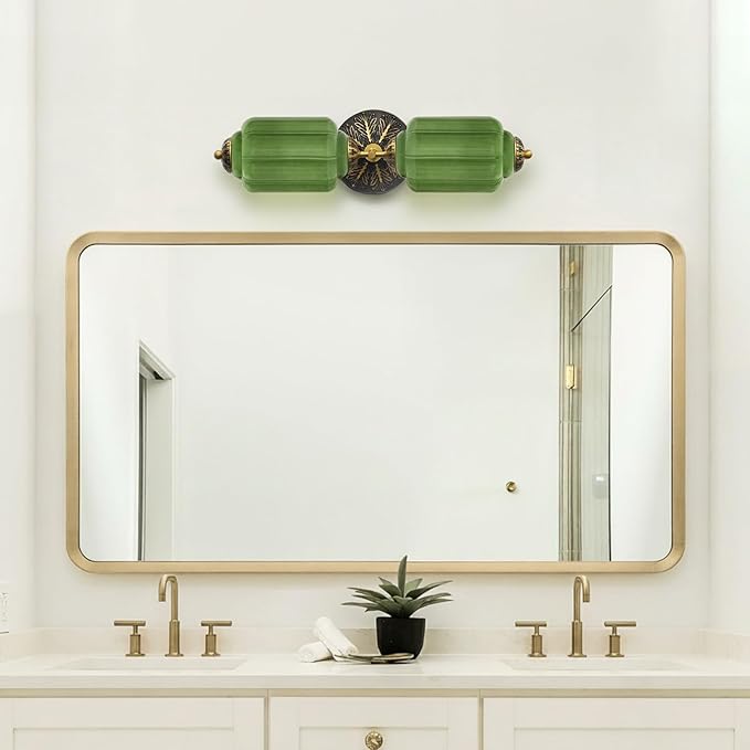 Vintage Bathroom Vanity Light - 2-Light Milk Glass Sconce with Antique Brass Finish & Green Shade, Wall Sconce Lighting for Bathroom Mirror, Hallway, Living Room, Bedroom