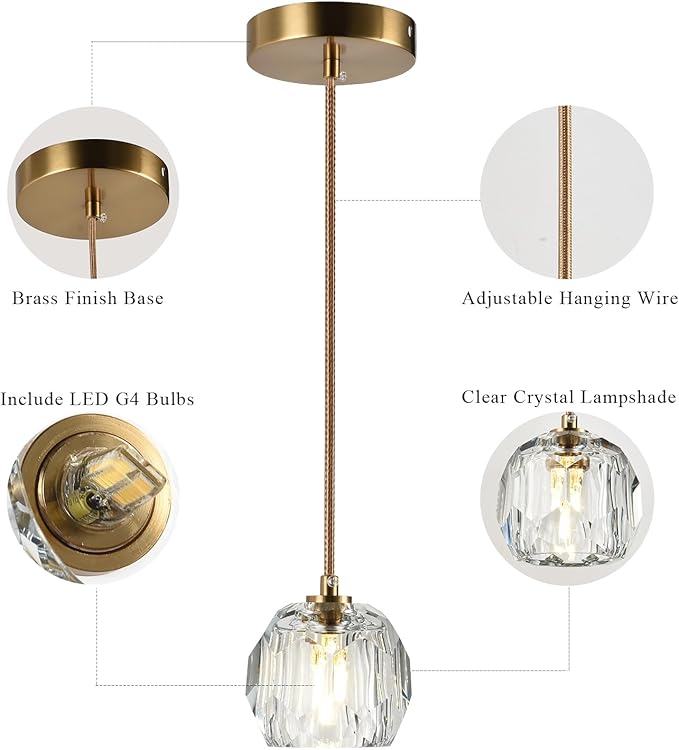 Modern Small Chandelier Light Fixture, Brass 1 Light Hanging Lights, Raindrop Clear Crystal Pendant Lighting for Kitchen Island Living Room Entryway Bedroom Dining Room