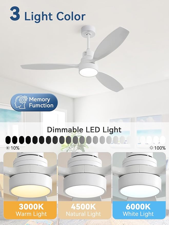 Sofucor White Ceiling Fan with Lights and Remote, 52 Inch Modern Wood DC Motor Ceiling Fan with Downrods, for Farmhouse Bedroom Living Room Dining Room Patio Porch, Reversible, 3 Blades