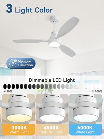 Sofucor White Ceiling Fan with Lights and Remote, 52 Inch Modern Wood DC Motor Ceiling Fan with Downrods, for Farmhouse Bedroom Living Room Dining Room Patio Porch, Reversible, 3 Blades