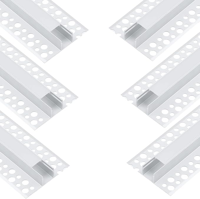 6Pack 6.6FT/2 Meter Plaster-in LED Drywall Aluminum Channel with Flange for 12mm Strip Lights, Recessed Aluminium LED Profile with Clip-in Diffuser and End Caps