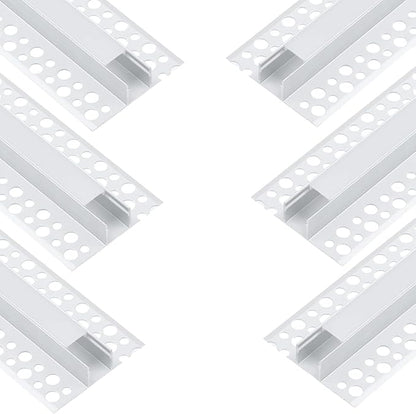 6Pack 6.6FT/2 Meter Plaster-in LED Drywall Aluminum Channel with Flange for 12mm Strip Lights, Recessed Aluminium LED Profile with Clip-in Diffuser and End Caps