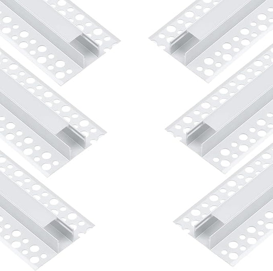6Pack 3.3FT/1 Meter Plaster-in LED Drywall White Aluminum Channel with Milky Diffuser and End Caps,Recessed Aluminium LED Profile with Flange for 5-12mm Strip Lights