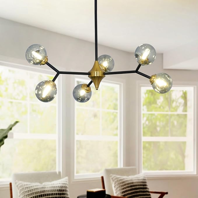 Depuley Glass Globe Sputnik Chandelier: 6-Light Mid-Century Modern Chandelier Black and Gold Bubble Light Fixture - Vintage Hanging Chandeliers for Kitchen Dining Room (Included G9 Bulbs)