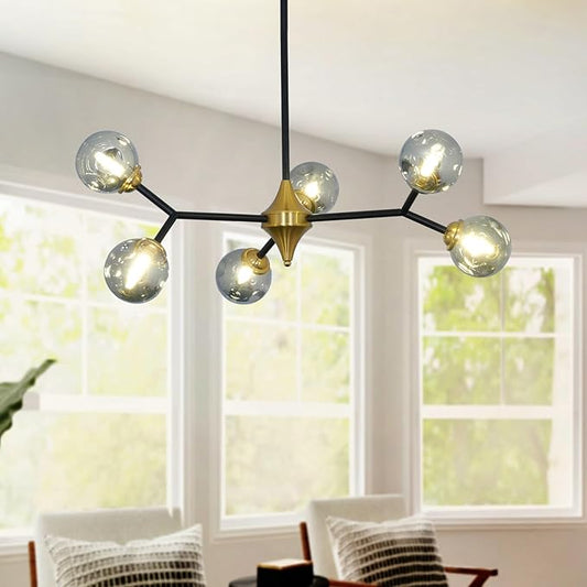 Depuley Glass Globe Sputnik Chandelier: 6-Light Mid-Century Modern Chandelier Black and Gold Bubble Light Fixture - Vintage Hanging Chandeliers for Kitchen Dining Room (Included G9 Bulbs)