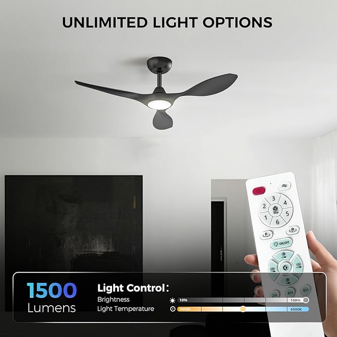 Roomratv Ceiling Fans with Lights and Remote Control,Quiet Noiseless Reversible DC Motor,6 Speeds,Timers, 3 CCT, Indoor Use, Plastic Blades,42 Inch Black Modern Ceiling Fan for Bedroom Living Room
