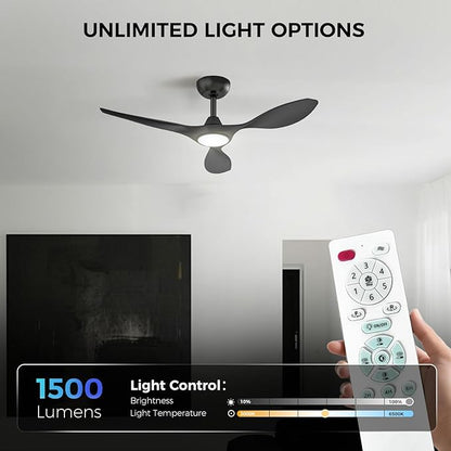 Roomratv Ceiling Fans with Lights and Remote Control,Quiet Noiseless Reversible DC Motor,6 Speeds,Timers, 3 CCT, Indoor Use, Plastic Blades,42 Inch Black Modern Ceiling Fan for Bedroom Living Room