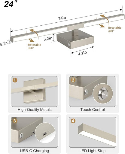 Rayogale Rechargeable Battery Operated Wall Sconce Set of Two, 24 Inch, Cordless, 3000K/4500K/6000K, Dimmable, Timer, Remote, Touch Control, USB-C Charging, 360° Rotation for Living Room Sand Nickel
