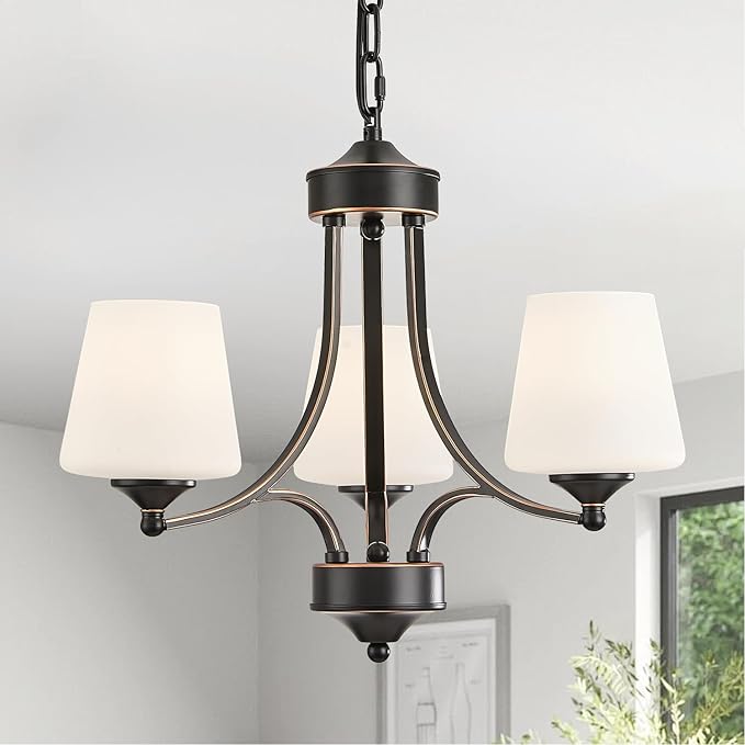 3 Light Farmhouse Chandelier with Milk White Frosted Glass Shades Black Dining Room Light Adjustable Height Ceiling Hanging Light Fixtures for Dinner Table, Kitchen Island, Entryway